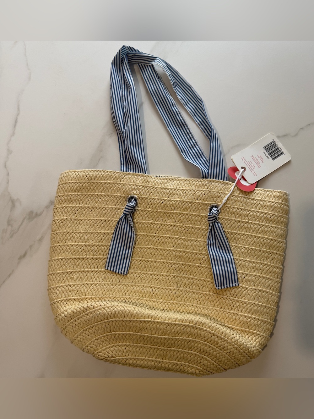Straw Tote beach Bag with Blue-White Striped Handles - Picture 7 of 11